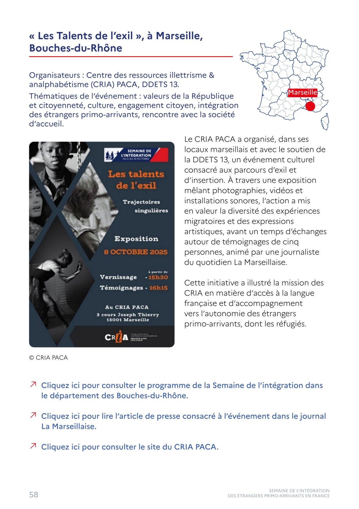 Le CRIA Provence-Alpes-Côte d’Azur mis à l’honneur dans le bilan national de la Semaine de l’intégration 2025, page 58 du bilan